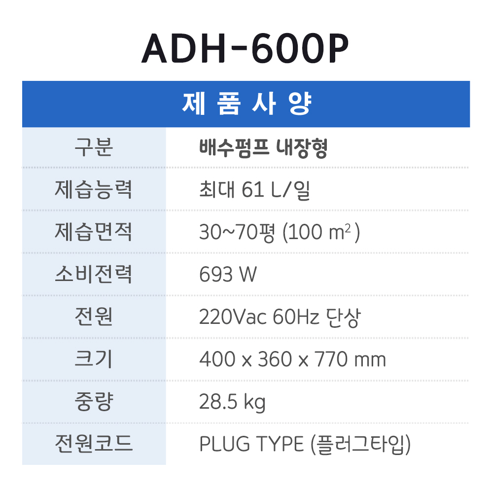 ADH-600P(30평형,65L/일,배수펌프형)